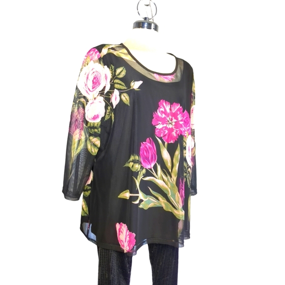 VICTORIA COLLECTION Black Mesh And Pink Floral Elegant Blouse Size Plus XXL - Picture 3 of 13
